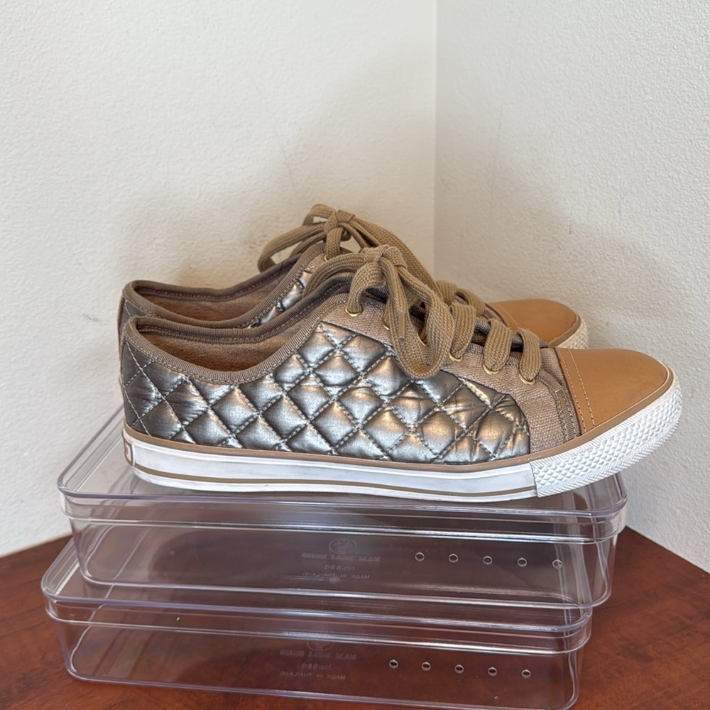 Tory Burch Women’s Sneakers, quilted gold metallic and brown, 9.5